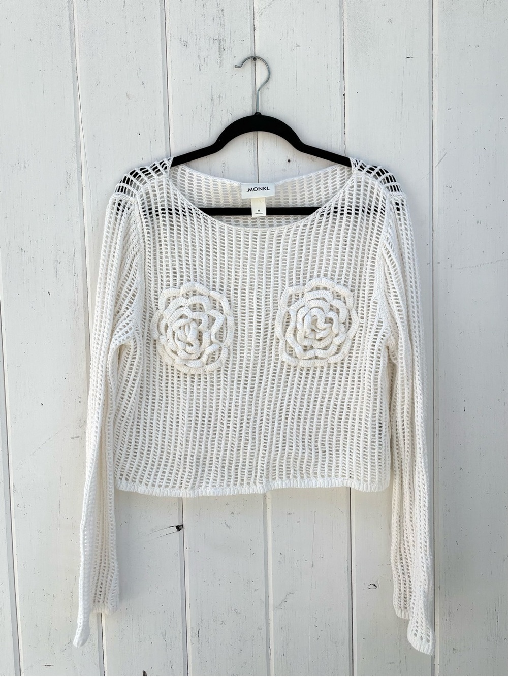 Monki White Open-Knit Floral Appliqué Sweater